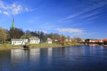 Fototapeta na wymiar By the river of Nidelven in Trondheim Norway