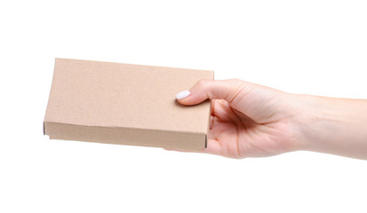 Brown box in hand on white background isolation