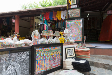 New Delhi, India - August 5, 2018: Dilli Haat bazaar with handicraft on display with no people in...
