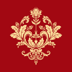 Damask graphic ornament. Floral design element. Gold and red vector pattern