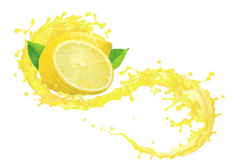 Fresh ripe lemon fruit slice, lemon juice or lemonade 3D splash swirl. Juice splashing, lemon juice label. Liquid healthy detox drink tropical citrus fruit design element isolated on white background