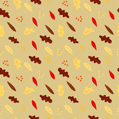 a light brown background with dark brown and red autumn leaves