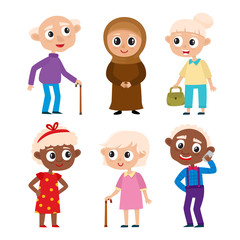 Cartoon european, muslim and african old people isolated on white.