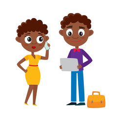 Cartoon business couple in bright clothes isolated on white.