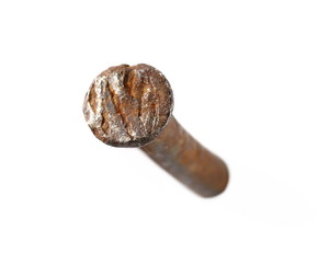 Old, rusty iron, metal hammered nail isolated on white background