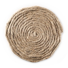 Rolled up rope isolated on white background, texture, top view