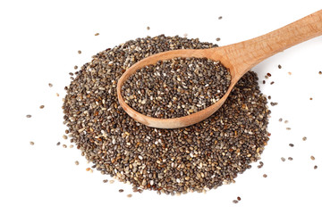 Chia seeds in wooden spoon isolated on white background.