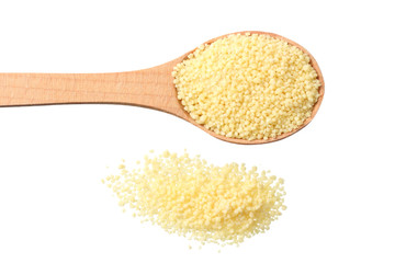 Couscous in wooden spoon isolated on white background. top view