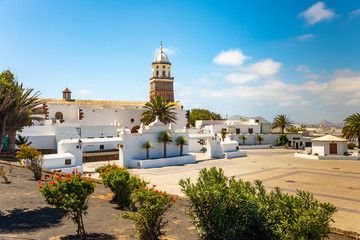 Teguise, Lanzarote, Canary Island, Church Iglesia de Nuestra Senora de Guadalupe on main square - obrazy, fototapety, plakaty