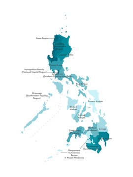 Vector isolated illustration of simplified administrative map of Philippines. Borders and names of the regions. Colorful blue khaki silhouettes