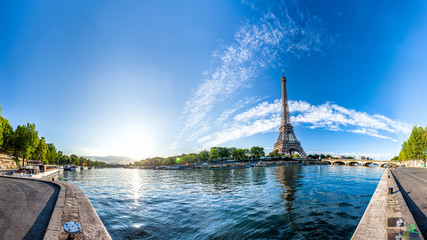 Scenic panorama of the Eiffel Tower and the riverside of Seine in Paris, France. 360 degree panoramic view - obrazy, fototapety, plakaty