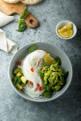 Rice noodles with avocado and chili