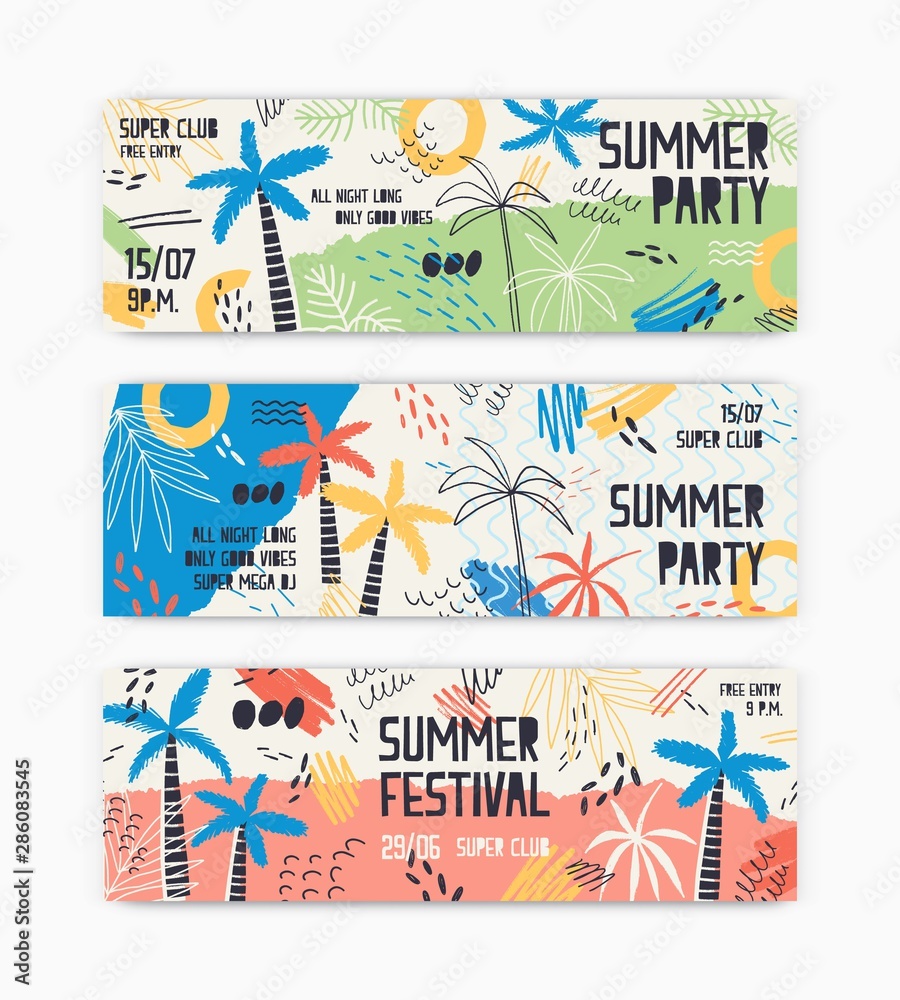 Poster collection of web banner templates decorated by exotic palm trees, stains, blots and scribble for su