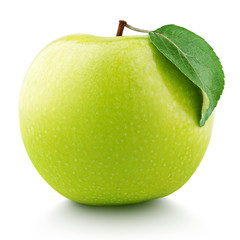 Green apple fruit with green leaf isolated on white