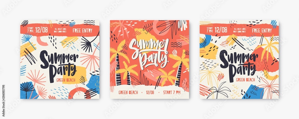 Poster bundle of square banner or invitation templates decorated by exotic palm trees, stains and scribble 