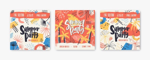 Bundle of square banner or invitation templates decorated by exotic palm trees, stains and scribble for summer party or open air festival. Modern vector illustration for seasonal event announcement.