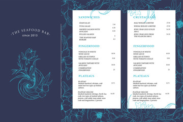Blue menu template for a fish restaurant. Seafood. Vector design menu with marine elements: algae, shells, seahorse, corals.