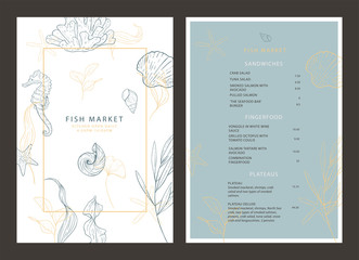 Food brochure for a fish restaurant. Seafood. Menu template. Vector design menu with marine elements: algae, shells, seahorse, corals.