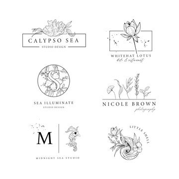 Set of simple nautical logos with marine elements. Hand drawn vector illustrations. Perfect for labels, badges, logo, branding.