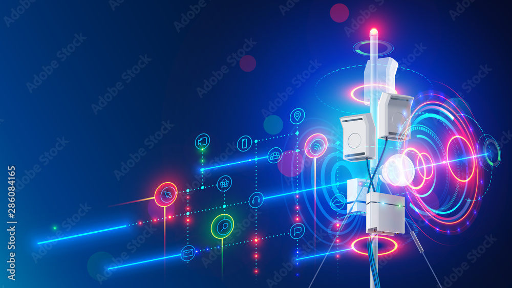 Poster 5g mobile internet communication tower of cellular network. Wireless broadband antenna transmissions telecommunication signal. Aerial mast of digital connection broadcasting data on portable devices.