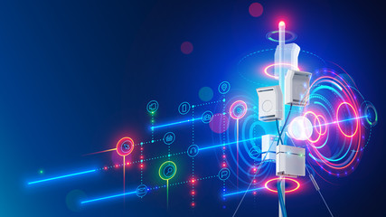 5g mobile internet communication tower of cellular network. Wireless broadband antenna transmissions telecommunication signal. Aerial mast of digital connection broadcasting data on portable devices.