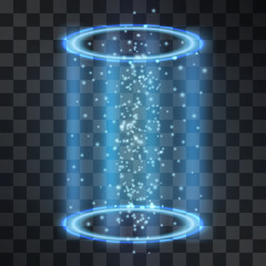 Sci fi blue light space travel portal vector isolated on transparent background. Swirling luminous podium for presentation, posters, ads, banners. Magical holographic tunnel, club projector spotlight.