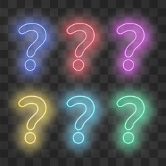 Neon light question sign set isolated on white. Quiz or question and answer theme poster or banner, helpful faq, information board. Q and A icon. Demanded information symbol. Quest room logo. Help ads