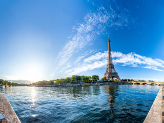 Scenic panorama of the Eiffel Tower and the riverside of Seine in Paris, France. 360 degree panoramic view