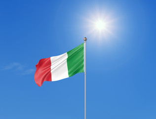 3D illustration. Colored waving flag of Italy on sunny blue sky background.