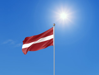 3D illustration. Colored waving flag of Latvia on sunny blue sky background.