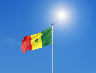 3D illustration. Colored waving flag of Senegal on sunny blue sky background.