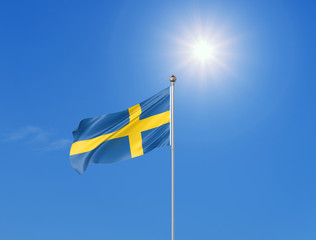 3D illustration. Colored waving flag of Sweden on sunny blue sky background.