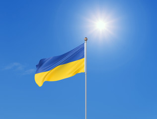 3D illustration. Colored waving flag of Ukraine on sunny blue sky background.