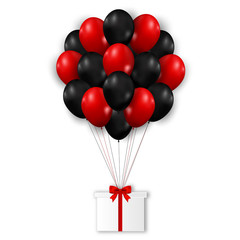 Gift box and black and red balloons isolated on white background as black friday, business , discount and Sale Poster concept. Vector illustration.