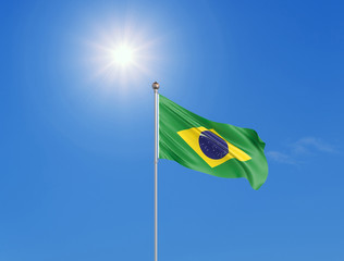 3D illustration. Colored waving flag of Brazil on sunny blue sky background.