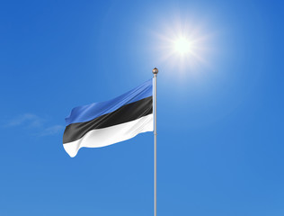 3D illustration. Colored waving flag of Estonia on sunny blue sky background.