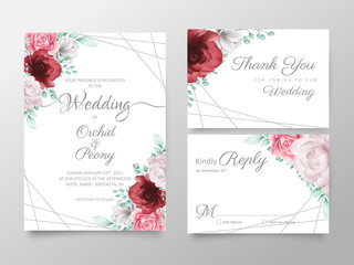 Elegant floral wedding invitation cards template set with golden decoration. Editable Save the date, invite or greeting, thank you, rsvp cards vector design