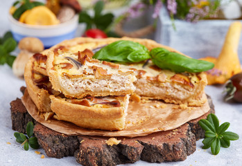 Quiche – open tart pie with chicken meat, forest mushrooms, onion and cheese 