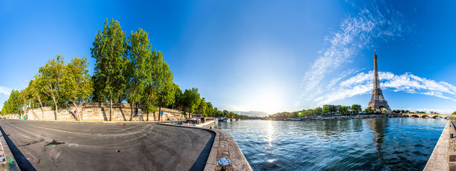 Scenic panorama of the Eiffel Tower and the riverside of Seine in Paris, France. 360 degree panoramic view - obrazy, fototapety, plakaty