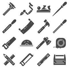 Carpentry industry equipment icons flat set with toolbox furniture