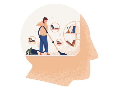 Cute woman with vacuum cleaner cleaning room inside giant head. Concept of cleansing and purification of inner space, thought cleansing, self care, mental health. Flat cartoon vector illustration.