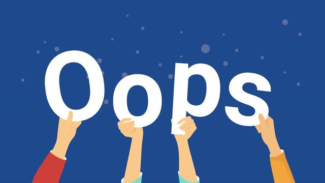 Oops letters animated concept of error notification. Flat human hands hold white letters on blue background. Graphic animation for web and promo video