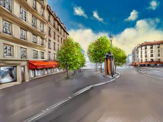 Digital oil paintings landscape, street in the city. Fine art