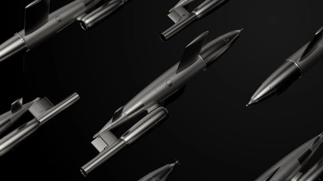 3d loopable render of missile. Pattern made of repetitive metal missiles or bomb shapes. Military theme.