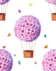 Tapeten Aquarelldruck mit lila Luftballons, Sakura, rosa Luftballon, Aquarellflecken und Schmetterlingen. Nahtloser Hintergrund2 © seracus