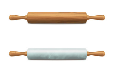 Classic wooden, marble stone, porcelain or plastic rolling pin with handles 3d realistic vector isolated on white background. Food preparation utensil for dough flattening for baking cook illustration