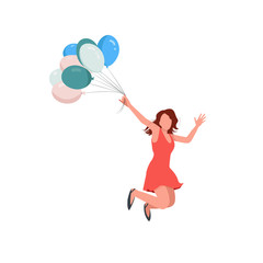 Happy birthday postcard or celebration event invitation concept. Young woman in pink dress jumping with holding balloons in her hand. Fun and dynamic isolated flat illustration.