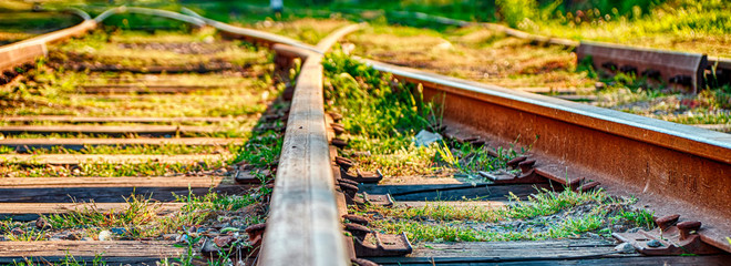 Railway sleepers and rails close-up.