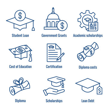 Student Loans Icon Set with Academic Scholarships & Debt Imagery