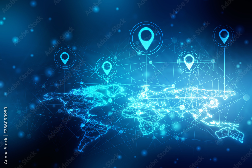 Fototapete 2d rendering red map pointer with world map